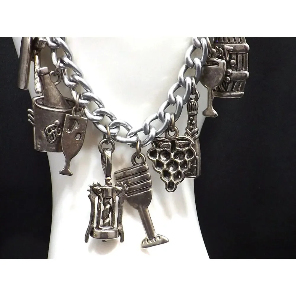 Vintage Wine Lovers Charm Bracelet, Sixteen Wine Related Charms